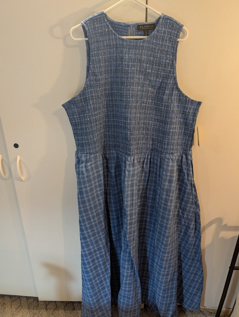 Eloquii Blue Plaid Smocked Maxi Dress Woman's Size 22 NWT